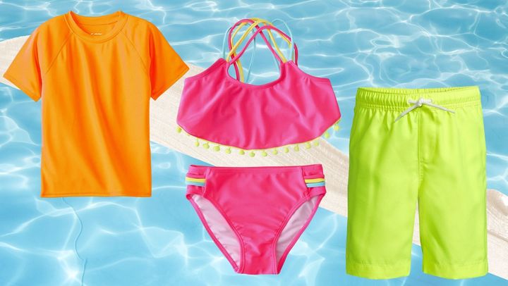 A neon orange rash guard, a hot pink bikini and a pair of neon yellow boy's swim trunks.