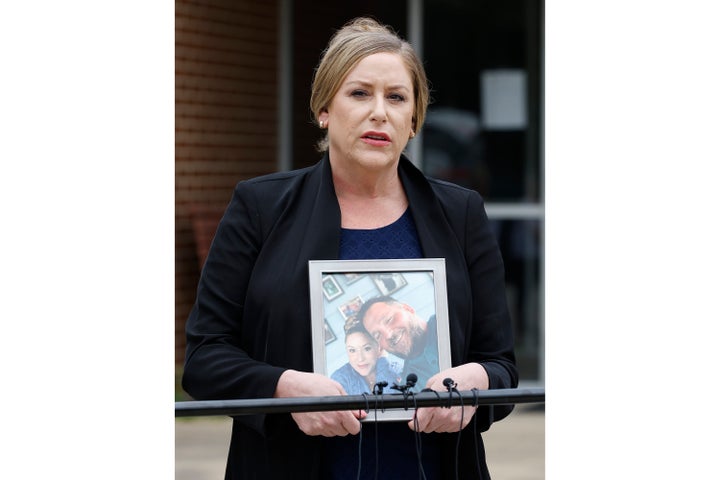 Barbara Barrick speaks to the media in front of the McCurtain County Sheriff's Office regarding a wrongful death civil rights lawsuit she filed against the McCurtain County Board of County Commissioners, McCurtain County Sheriff Kevin Clardy as well as several sheriff's deputies and other parties on Thursday, April 20, 2023, in Idabel, Okla. (AP Photo/Alonzo Adams)