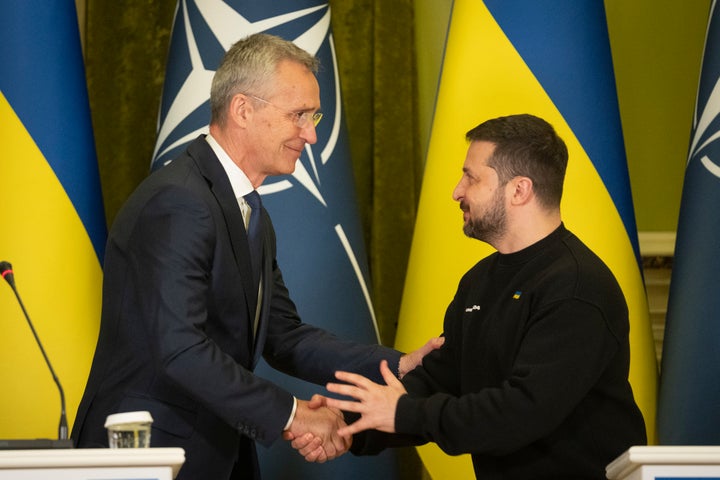 NATO Secretary General Jens Stoltenberg and Ukrainian President Volodymyr Zelenskyy, right, greet each other after joint press conference in Kyiv, Ukraine, on April 20, 2023.