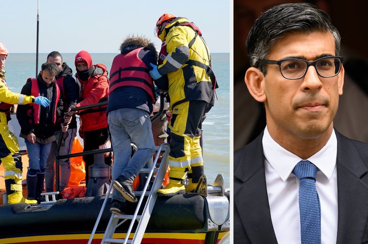 Rishi Sunak and migrants landing on the coast