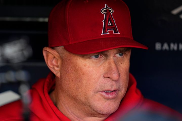 Los Angeles Angels manager Phil Nevin before a baseball game against the New York Yankees Tuesday, April 18, 2023, in New York. (AP Photo/Frank Franklin II)