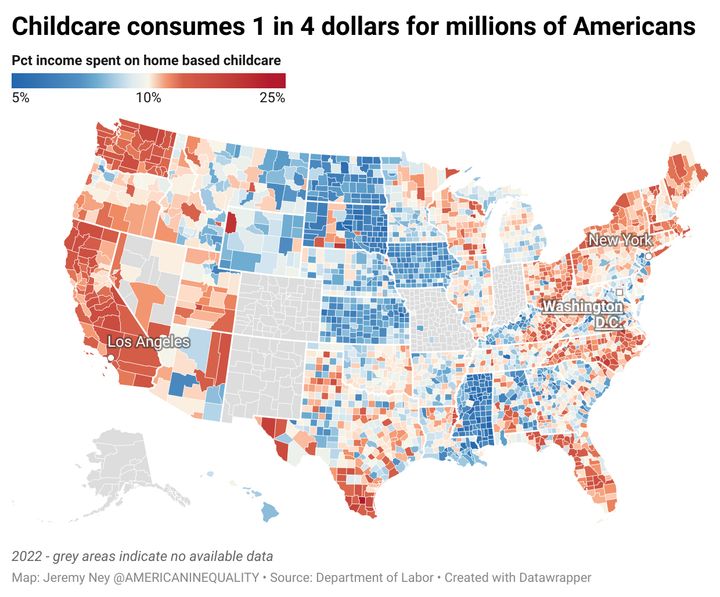 A county-by-county map of child care expenses relative to income