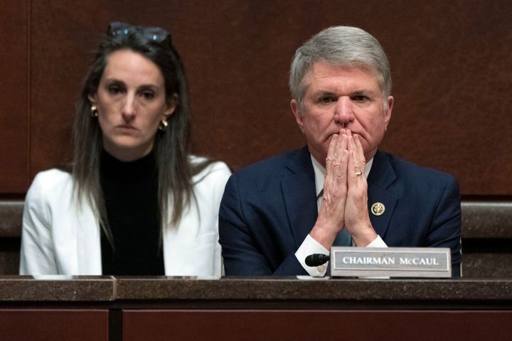 Rep. Michael McCaul (R-Texas) listens to the testimony of a victim of Russia's war on Ukraine during a House Foreign Affairs Committee hearing Wednesday.