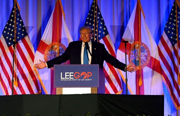 Former President Donald Trump speaks at the Lee County Republican dinner in Fort Myers, Florida on Friday. His 2024 presidential campaign team bashed Florida Gov. Ron DeSantis and criticized his leadership skills in an email on Friday.