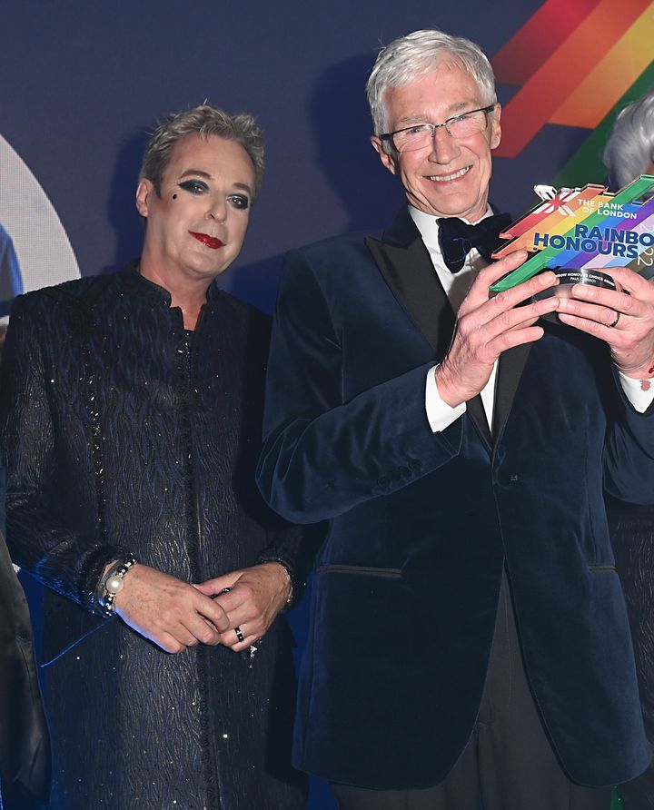 Julian Clary and Paul O'Grady on stage at the Rainbow Honours in 2022