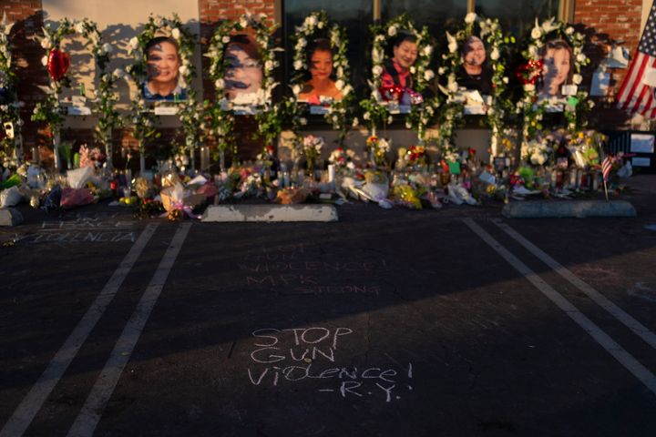 FILE - Messages are written at a memorial outside Star Dance Studio in Monterey Park, Calif., Thursday, Jan. 26, 2023. The U.S. is setting a record pace for mass killings in 2023, replaying the horror in a deadly loop roughly once a week so far this year. The bloodshed overall represents just a fraction of the deadly violence that occurs in the U.S. annually. (AP Photo/Jae C. Hong, File)