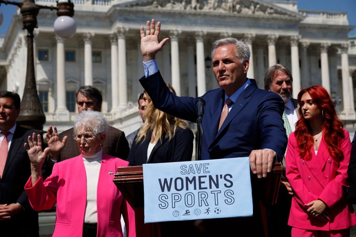 Speaker of the House Kevin McCarthy celebrates passage of the Protection Of Women And Girls In Sports Act outside the U.S. Capitol on Thursday in Washington, D.C.