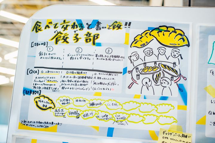 餃子部の張り紙。タイトルには「食べて交わると書いて餃！」という言葉。浅井さんのこだわりでもある餃子部のテーマが書いてある