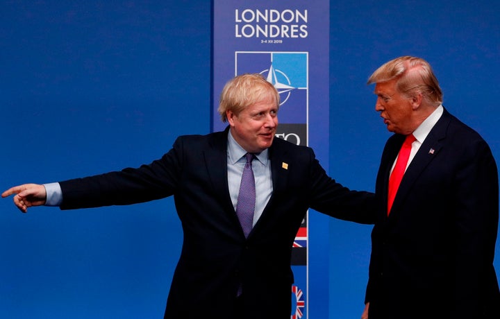 Boris Johnson and Donald Trump at the NATO summit at the Grove hotel in Watford, northeast of London on December 4, 2019. 