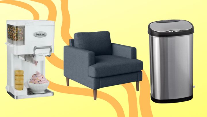 A Cuisinart ice cream maker, an accent chair, a touchless trash can.
