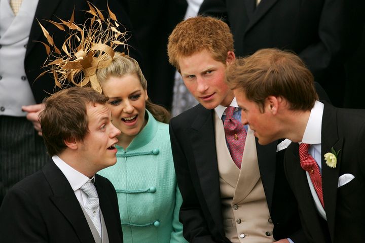 Tom Parker Bowles, Laura Parker Bowles, Prince Harry and Prince William following the civil ceremony marriage between HRH Prince of Wales and Mrs. Camilla Parker Bowles on April 9, 2005, in Berkshire, England.