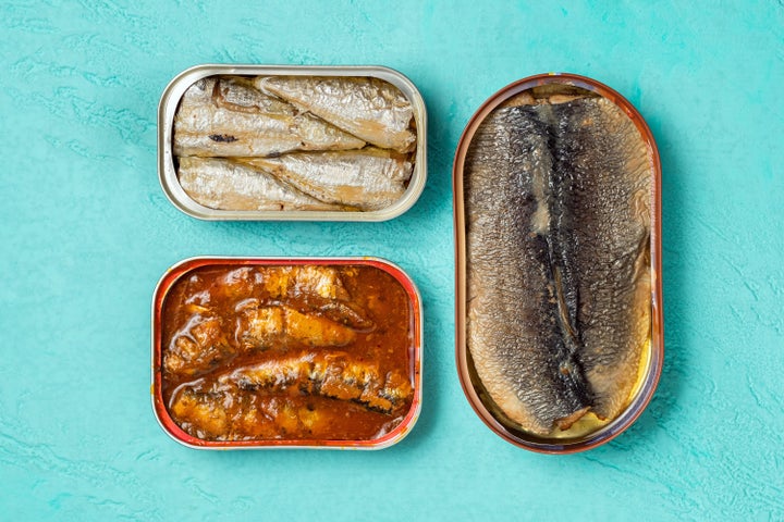 Fish can come packed in either water, oil or even tomato sauce, as seen with this assortment of tinned sardines.