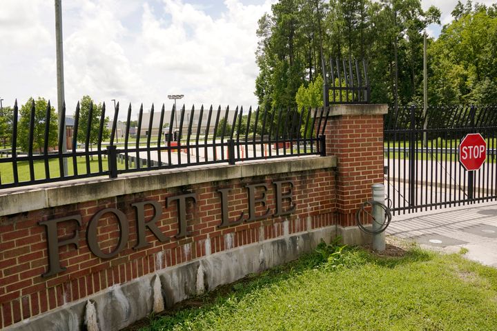 A sign marks one of the entrances of the U.S. Army base Fort Lee in 2021 in Petersburg, Virginia.