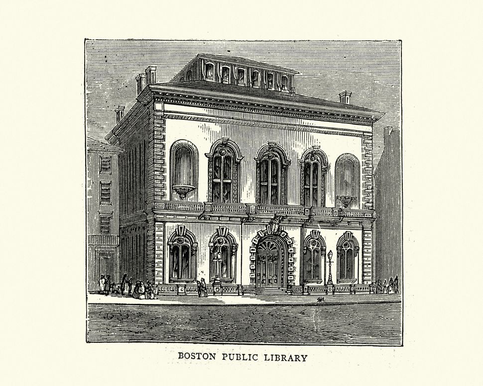 Vintage illustration of Boston public library, USA, 1872, Victorian American architecture 19th Century