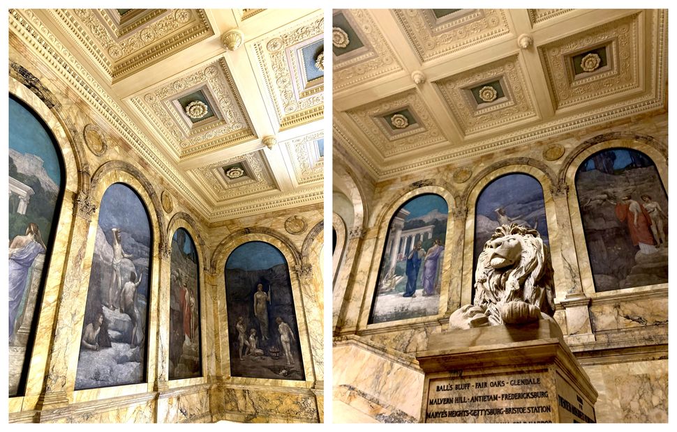 Αριστερά: Οι τοιχογραφίες στην είσοδο του παλαιού κτηρίου. Δεξιά: Το ένα από τα δύο λιοντάρια που βρίσκονται στην είσοδο. 