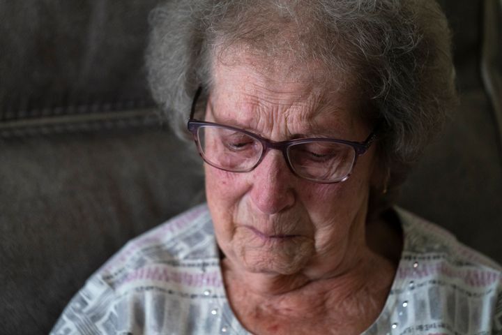 Norma Carr, who was displaced by the train derailment in East Palestine pauses during an interview with The Associated Press at the home she is temporary staying at in Columbiana, Ohio, Wednesday, April 5, 2023. Carr raised four children in the cedar-sided 1930s duplex she moved into 57 years ago and where three generations lived together before the derailment.
