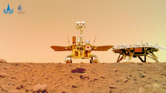 The Chinese Mars rover Zhurong is seen near its landing platform taken by a remote camera that was dropped into position by the rover in 2021.