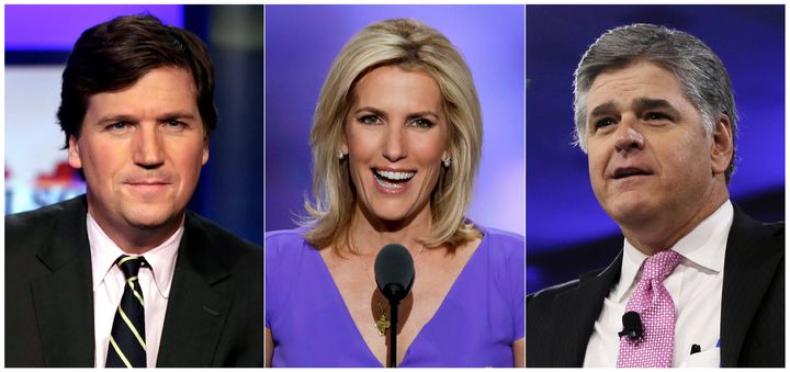 This combination photo shows, from left, Tucker Carlson, host of "Tucker Carlson Tonight," Laura Ingraham, host of "The Ingraham Angle," and Sean Hannity, host of "Hannity" on Fox News. (AP Photo)