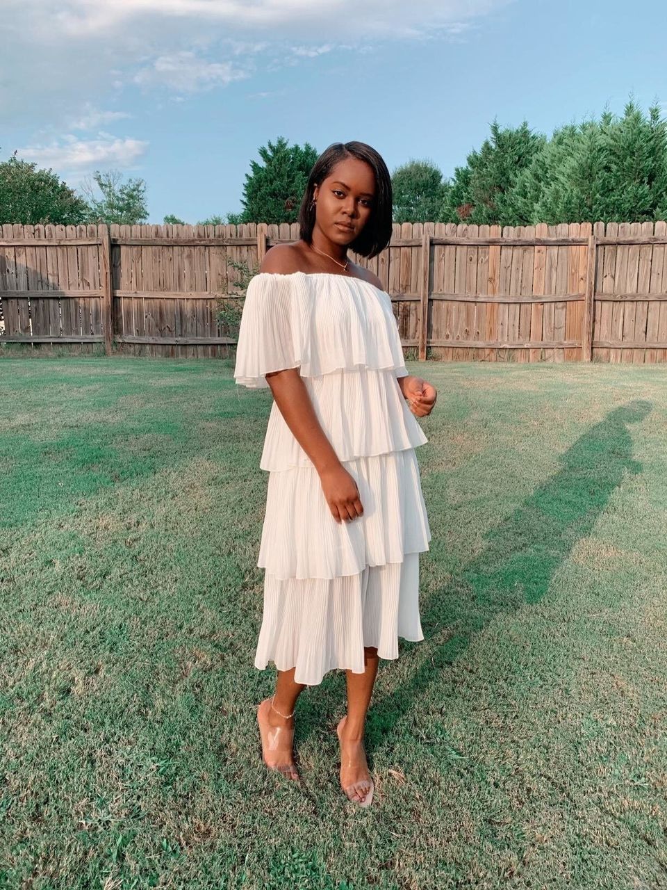 A chiffon off-the-shoulder party dress