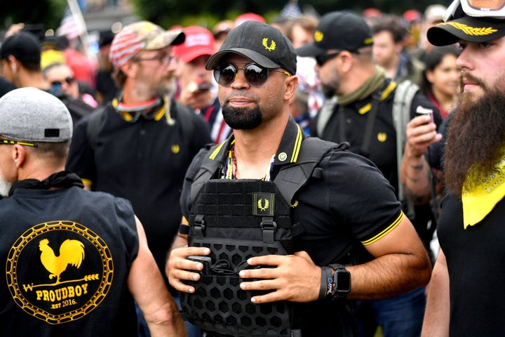 FILE - Proud Boys chairman Enrique Tarrio rallies in Portland, Ore., on Aug. 17, 2019. (AP Photo/Noah Berger, File)