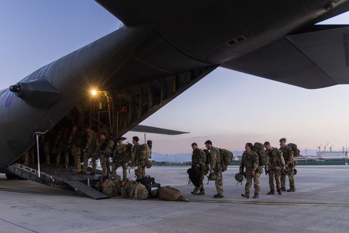 Ministry of Defence photo of personnel of 40 Commando Brigade and the Joint Force Head Quarters deployed to Cyprus in support of the FCDO Non-combatant Evacuate Operation to remove personnel from Sudan receive early morning briefs, prepare and depart RAF Akrotiri on C-130 Hercules aircraft.