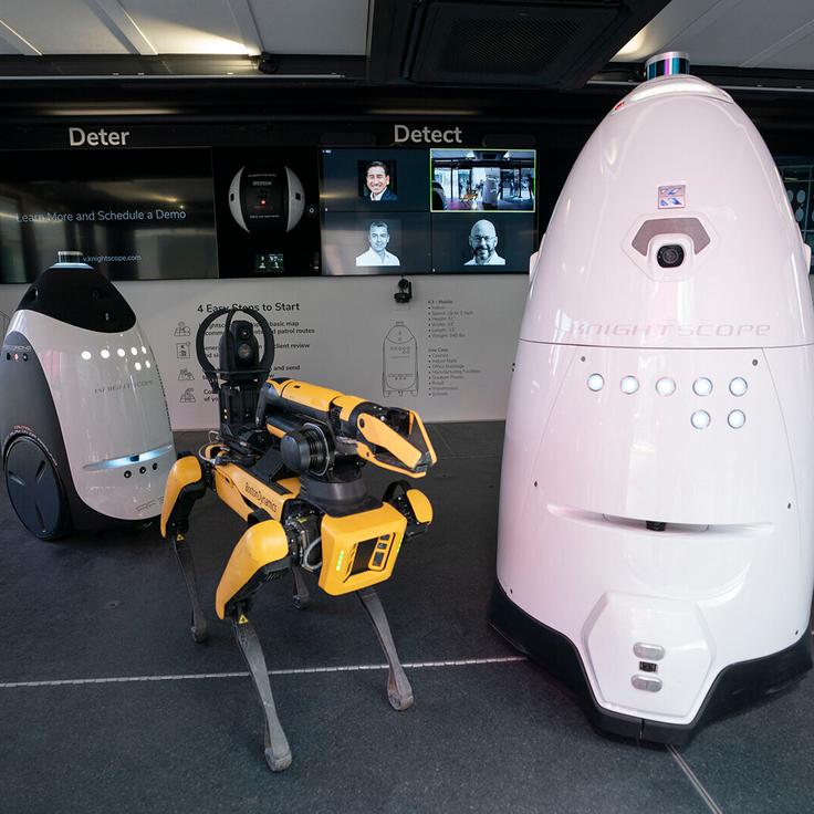 New NYPD policing technology, including "Digi Dog" (center) and a K5 Autonomous Security Robot (ASR), are pictured during a press conference in Times Square on April 11 in New York.