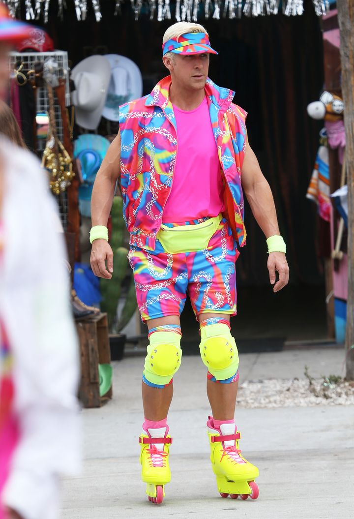Ryan Gosling rollerblades at Venice Beach, California, while filming "Barbie" on June 28, 2022.