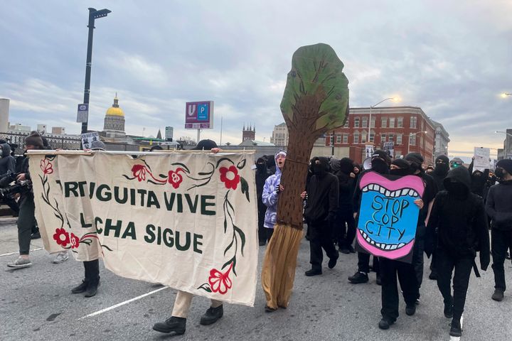 Demonstrators protest the death of environmental activist "Tortuguita" in Atlanta on Jan. 21, 2023. Tortuguita was shot by police on Jan. 18 after authorities say the 26-year-old shot a state trooper. Activists have questioned that version of events, demanding an independent investigation.
