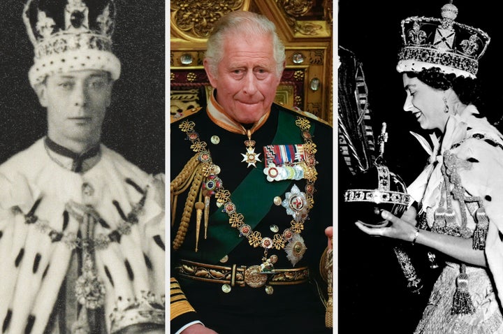 Charles (C) with his grandfather King George VI during his 1937 coronation compared to Queen Elizabeth's coronation in 1953