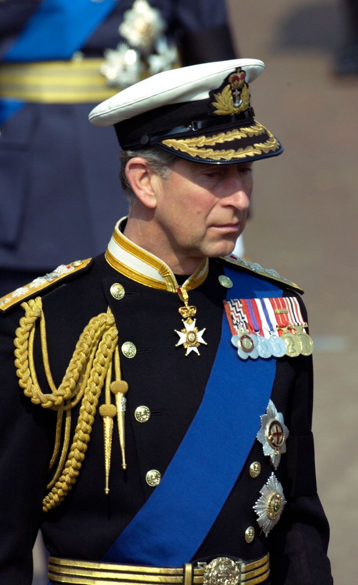 Charles in the Admiral of the Fleet uniform during the Queen Mother's funeral