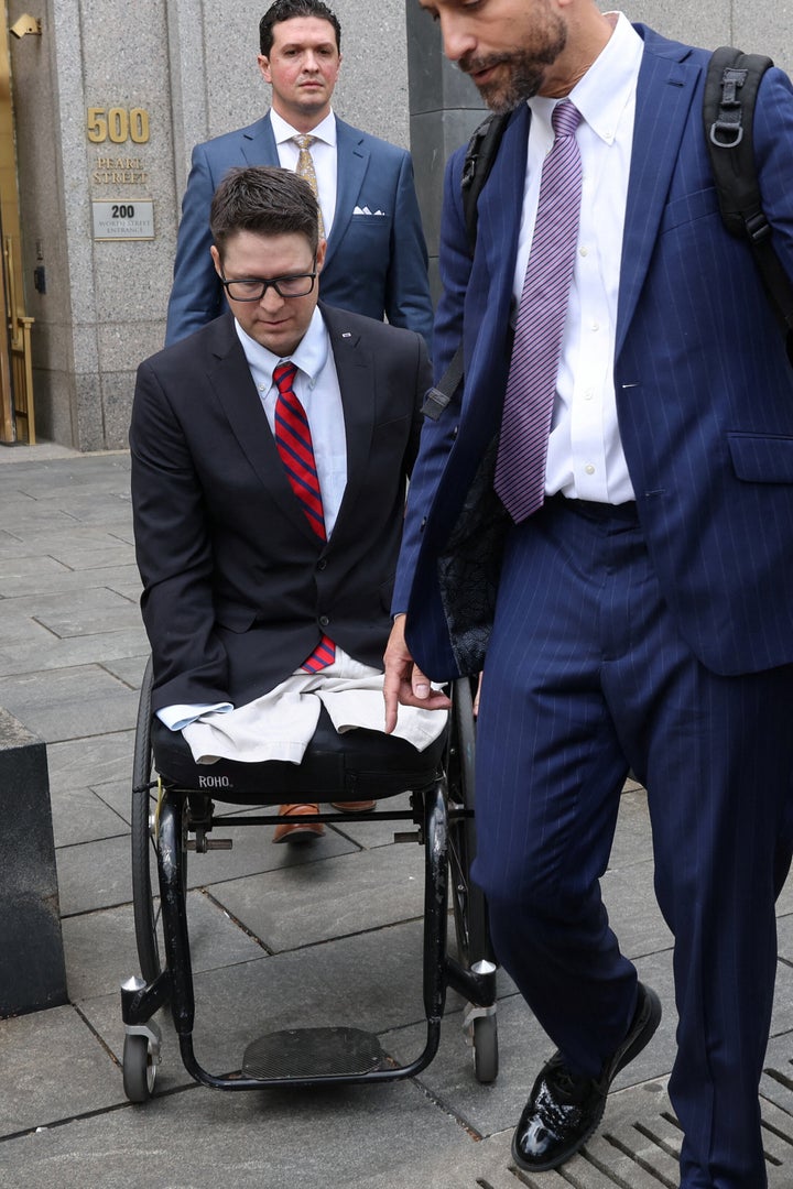 U.S. Air Force veteran Brian Kolfage, an ex-associate of Donald Trump's former adviser Steve Bannon, leaves his sentencing in New York City on Wednesday.