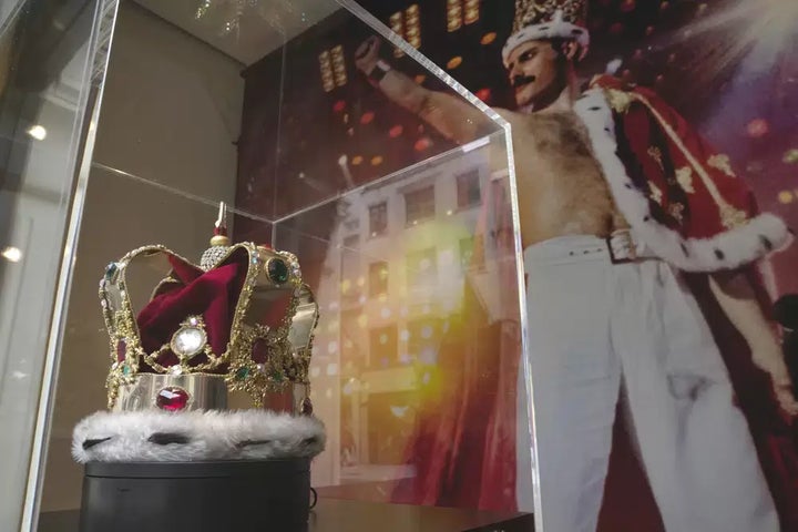 A replica of St. Edward's Crown, worn by Freddie Mercury in his final concert with Queen in 1986, is displayed at the Sotheby's exhibition in London on April 26. The crown is said to be based on St. Edward's Crown, which will be featured in King Charles III's coronation next month.