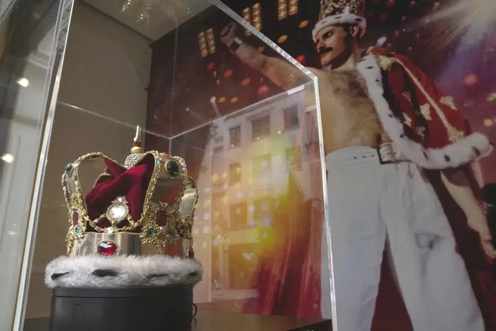 A replica of St. Edward's Crown, worn by Freddie Mercury in his final concert with Queen in 1986, is displayed at the Sotheby's exhibition in London on April 26. The crown is said to be based on St. Edward's Crown, which will be featured in King Charles III's coronation next month. 