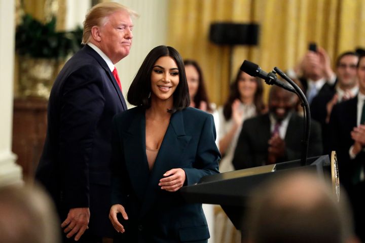 Kim Kardashian walks to the podium to speak during an event in the East Room of the White House with then-President Trump on June 13, 2019. 