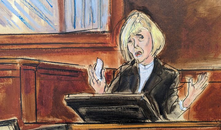 In this courtroom sketch, E. Jean Carroll weeps during her testimony Wednesday.