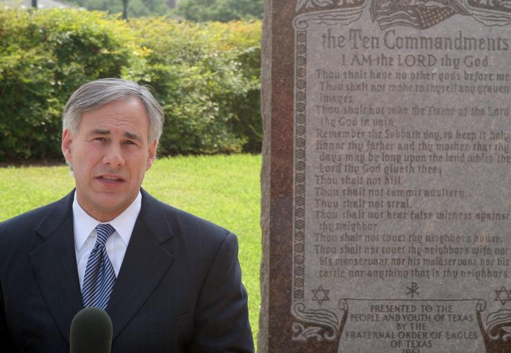 In 2005, Greg Abbott, then the attorney general of Texas, attends a news conference celebrating a U.S. Supreme Court decision to allow a Ten Commandments monument to stand outside the state Capitol. The court upheld having the monument on government land but drew the line on displays in courthouses, saying they violated the separation of church and state.