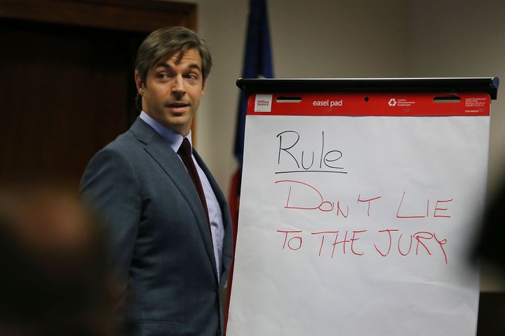 Alex Jones' lawyer Andino Reynal gives his opening statement to the jury on July 26, 2022, at the Travis County Courthouse in Austin, Texas. 