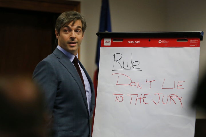 Alex Jones' lawyer Andino Reynal gives his opening statement to the jury on July 26, 2022, at the Travis County Courthouse in Austin, Texas.