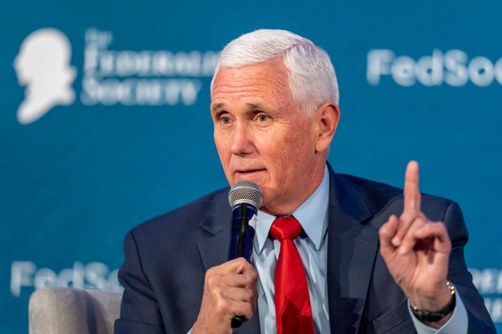Former Vice President Mike Pence speaks at the Federalist Society Executive Branch Review conference on Tuesday. The appeal in the sealed case was filed just days after a lower-court judge had directed Pence to testify over objections from the Trump team.
