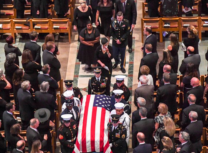 FILE - Cindy McCain follows the casket out of the funeral service for her late husband Sen. John McCain at the National Cathedral in 2018. Trump used his new “Letters to Trump” book to slam the late senator.