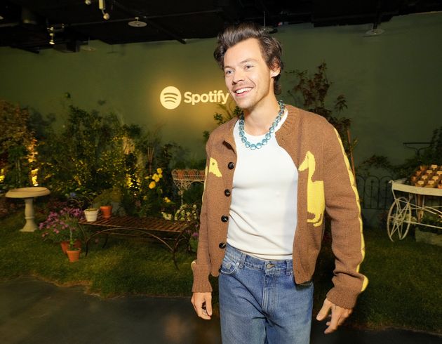 From British nobility to British pop idols: Harry Styles sported a whimsical cardigan at a Spotify album release event in May 2022.