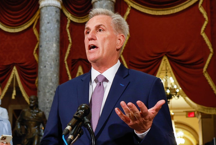 Speaker of the House Rep. Kevin McCarthy (R-Calif) speaks to the media at the Capitol on April 26 after the House passed a bill raising the nation's debt ceiling.