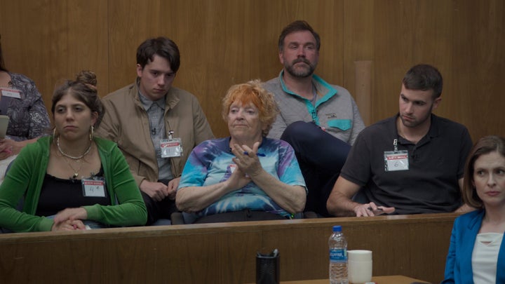 Ronald, far right, is tasked with keeping Barbara, to his left, awake during the trial.