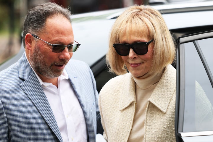 E. Jean Carroll arrives for the third day of her civil trial against former President Donald Trump.