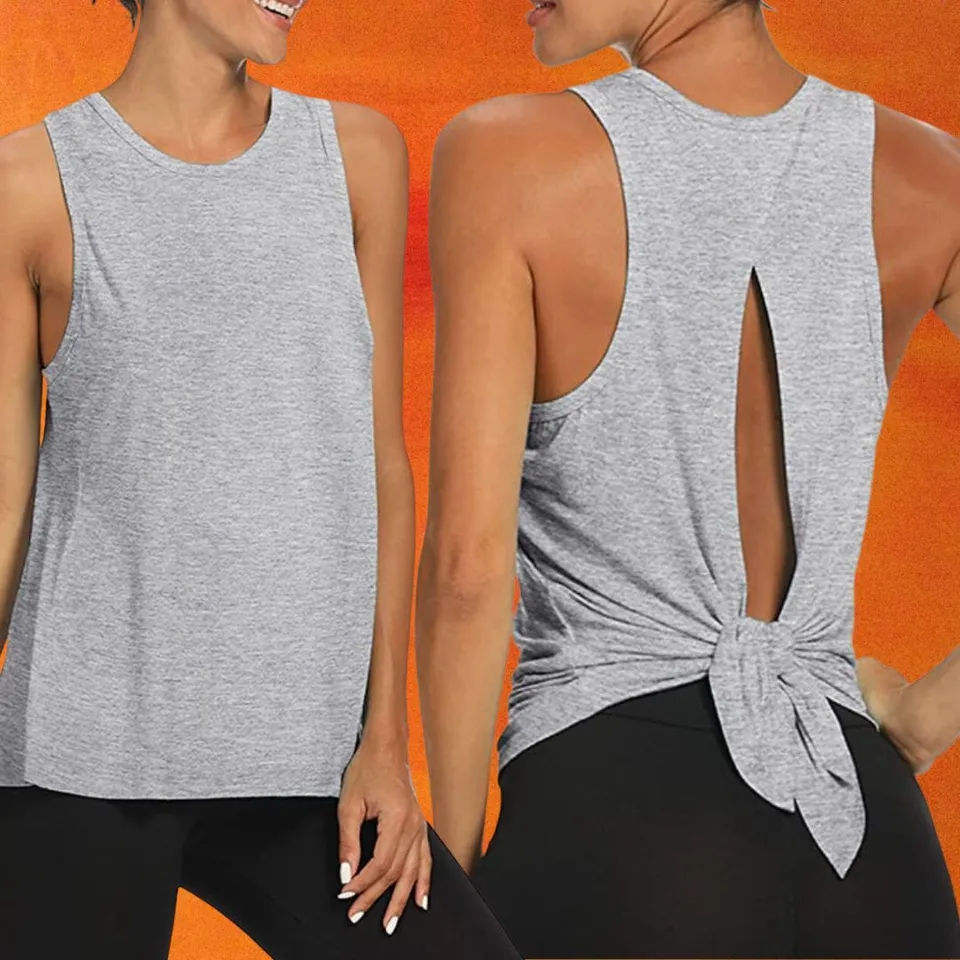 Buy the Womens Sleeveless Open Back Knotted Workout Yoga Tank Top Size Small
