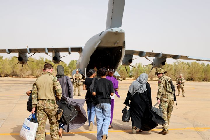 Image of British Nationals being evacuated from Sudan by UK military personnel, on April 25, 2023 in Khartoum, Sudan. 