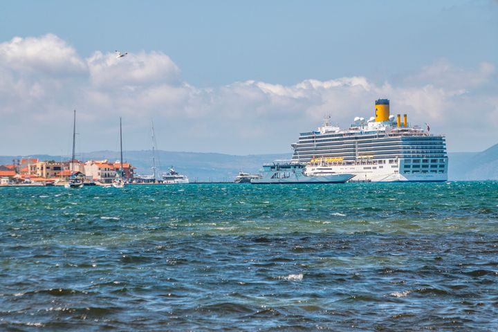 Panorama of town of Argostoli and cruise ship, Kefalonia, Ionian islands, Greece