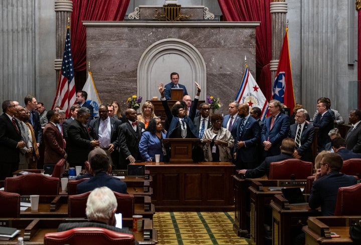 NASHVILLE, TN - APRIL 06: Democratic state Rep. Justin Pearson of Memphis acknowledges supporters after being expelled from the state Legislature on April 6, 2023 in Nashville, Tennessee.