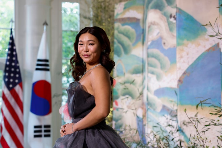 Olympic gold medalist Chloe Kim arrives for the White House state dinner for South Korean President Yoon Suk-yeol at the White House on April 26.