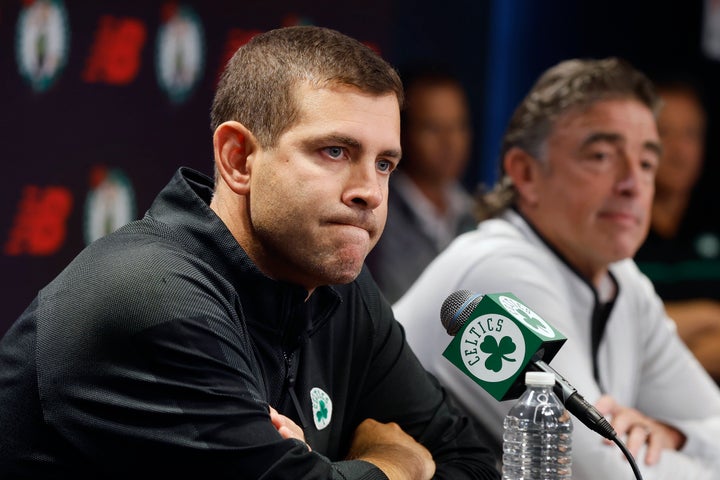 Boston Celtics president Brad Stevens and team owner Wyc Grousbeck during a news conference addressing Ime Udoka's suspension on Friday, Sept. 23, 2022, in Boston.